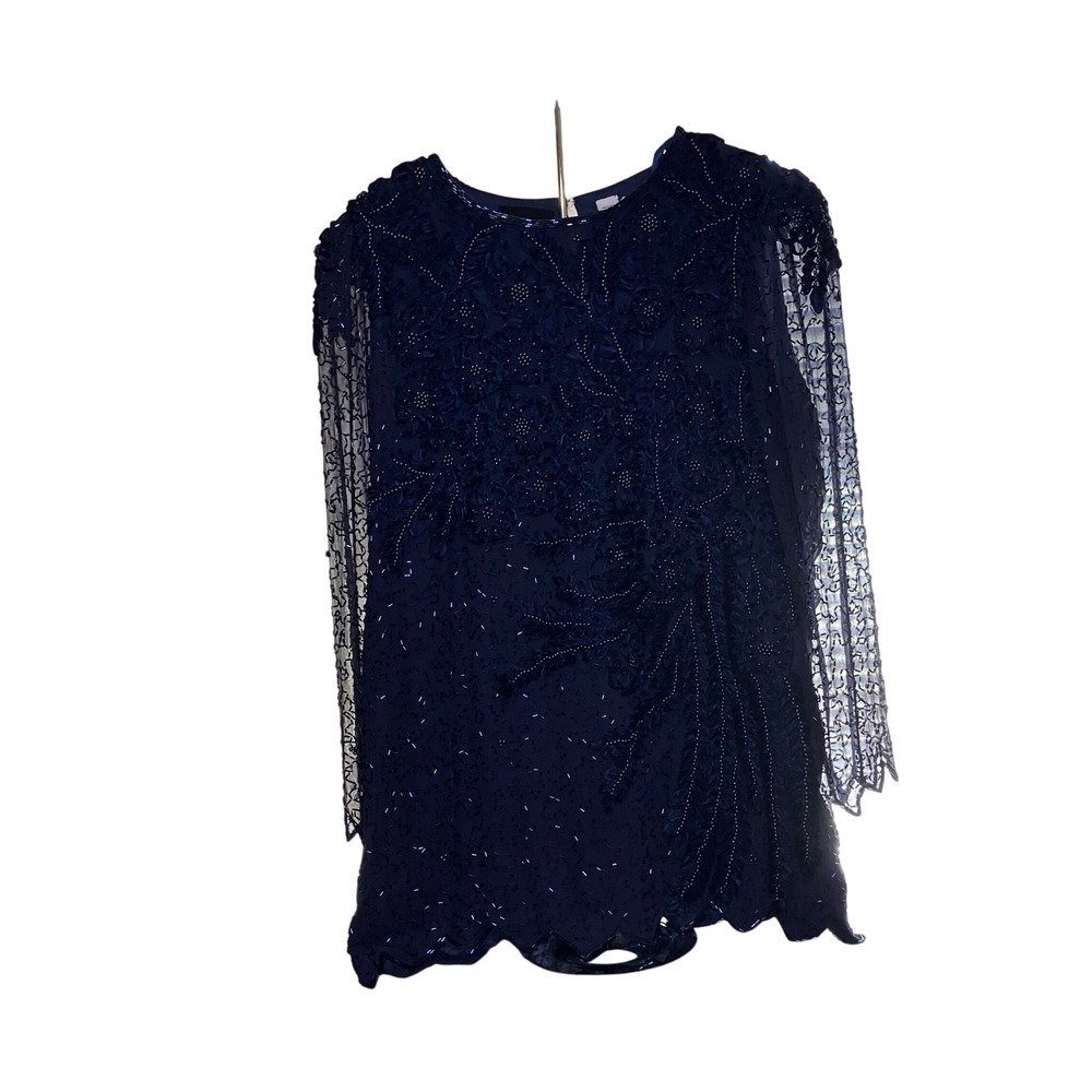Diane Freis Vintage Woman  SizeL Silk Hand Beaded Navy Blue Sequin Dress/Blouse